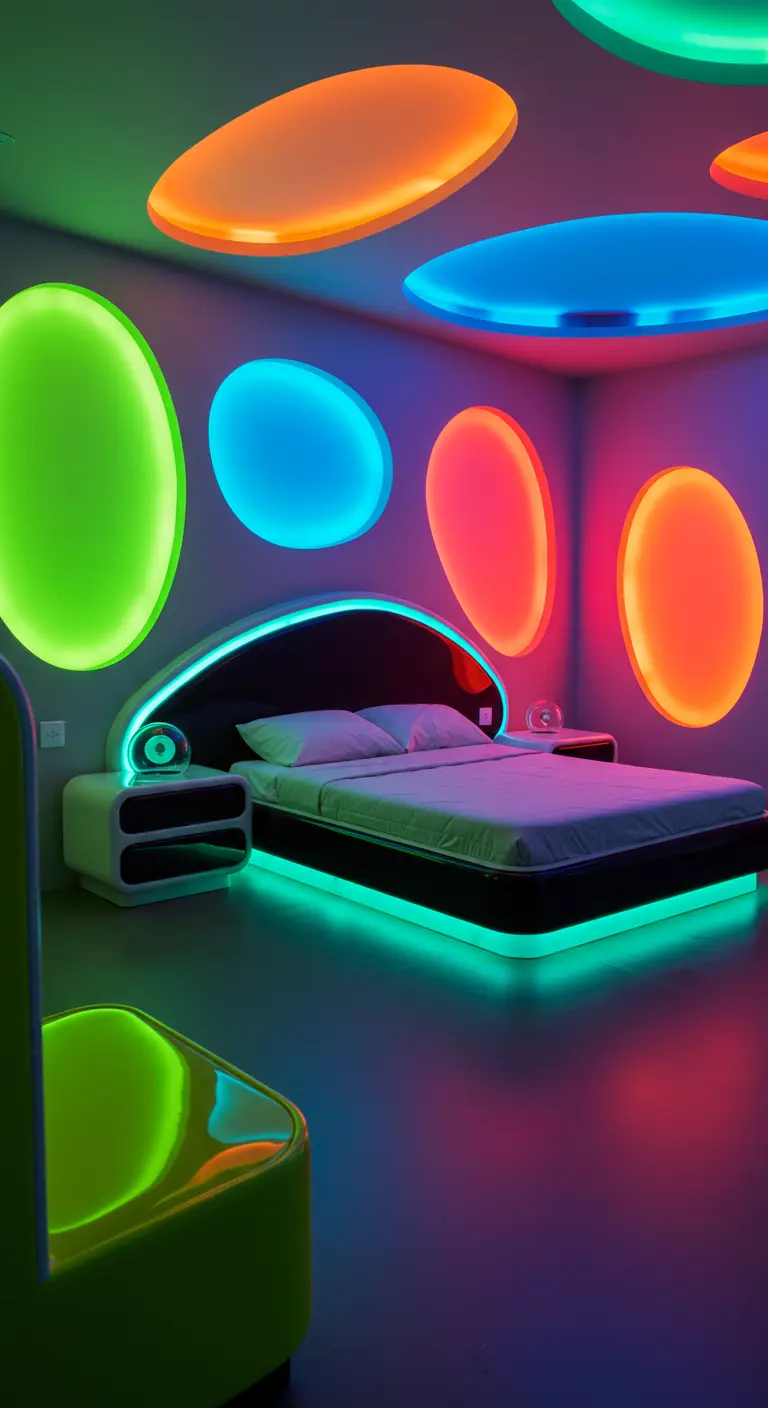 Slaapkamer met grote, ronde LED-lichtpanelen in diverse felle kleuren op muren en plafond.