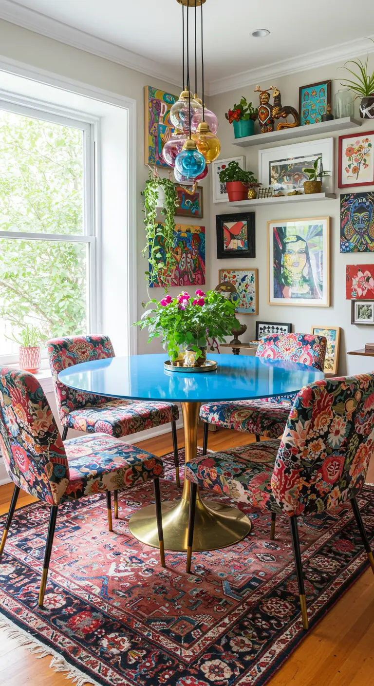 Eclectische eetkamer met blauwe ronde tafel, bloemenstoelen en kleurrijke kunst aan de muur.