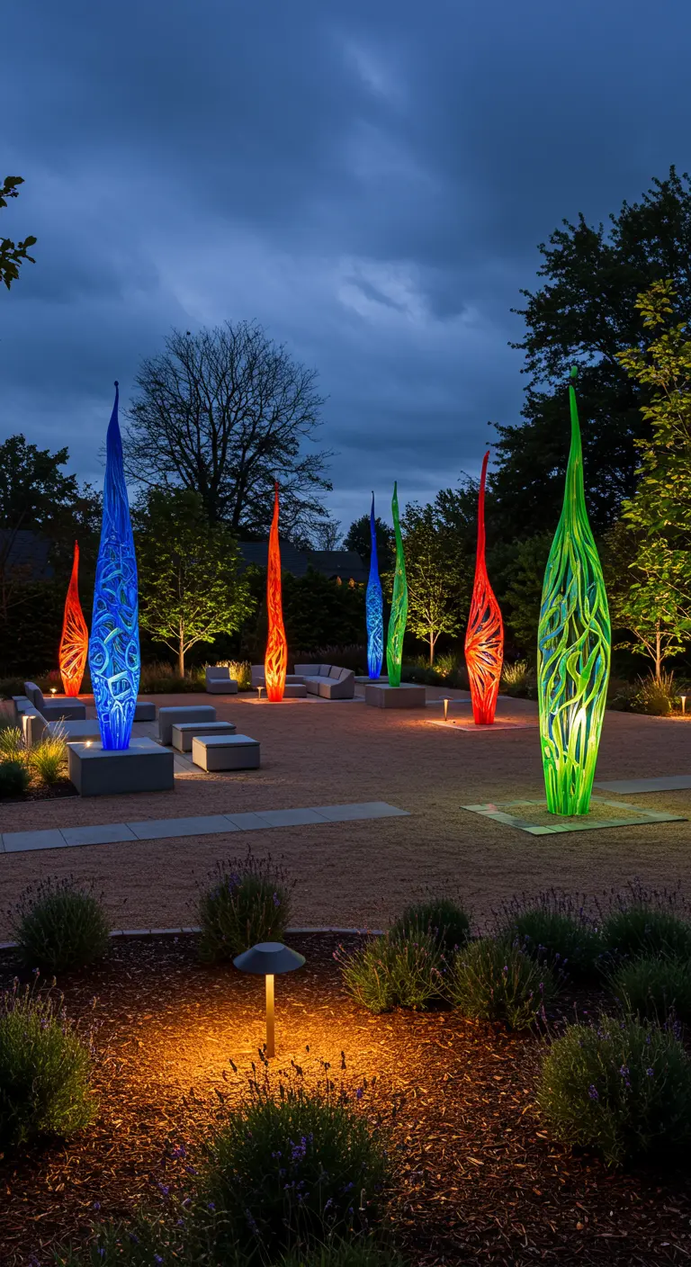 Grote, kleurrijke, abstracte glazen sculpturen verlicht van binnenuit in een moderne tuinlandschap bij schemering.