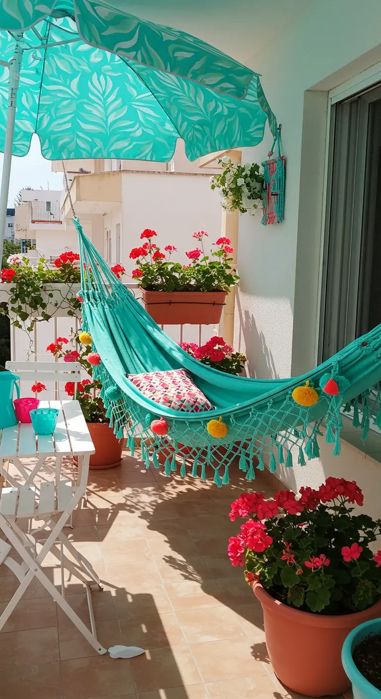 Kleurrijk balkon met turquoise hangmat, rode geraniums en een grote parasol met bladprint.