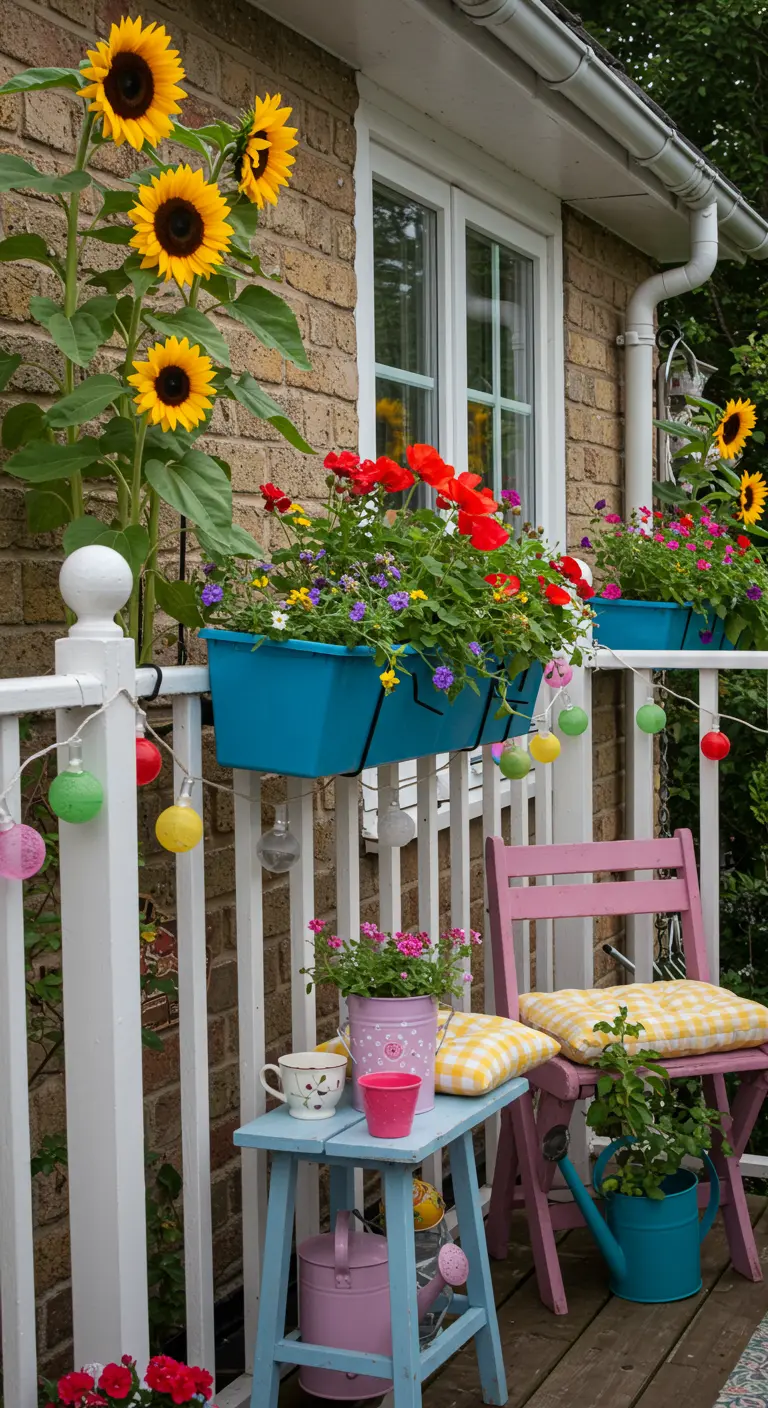 Balkon met witte reling, kleurrijke bloembakken, zonnebloemen, roze stoel en blauw bijzettafel.