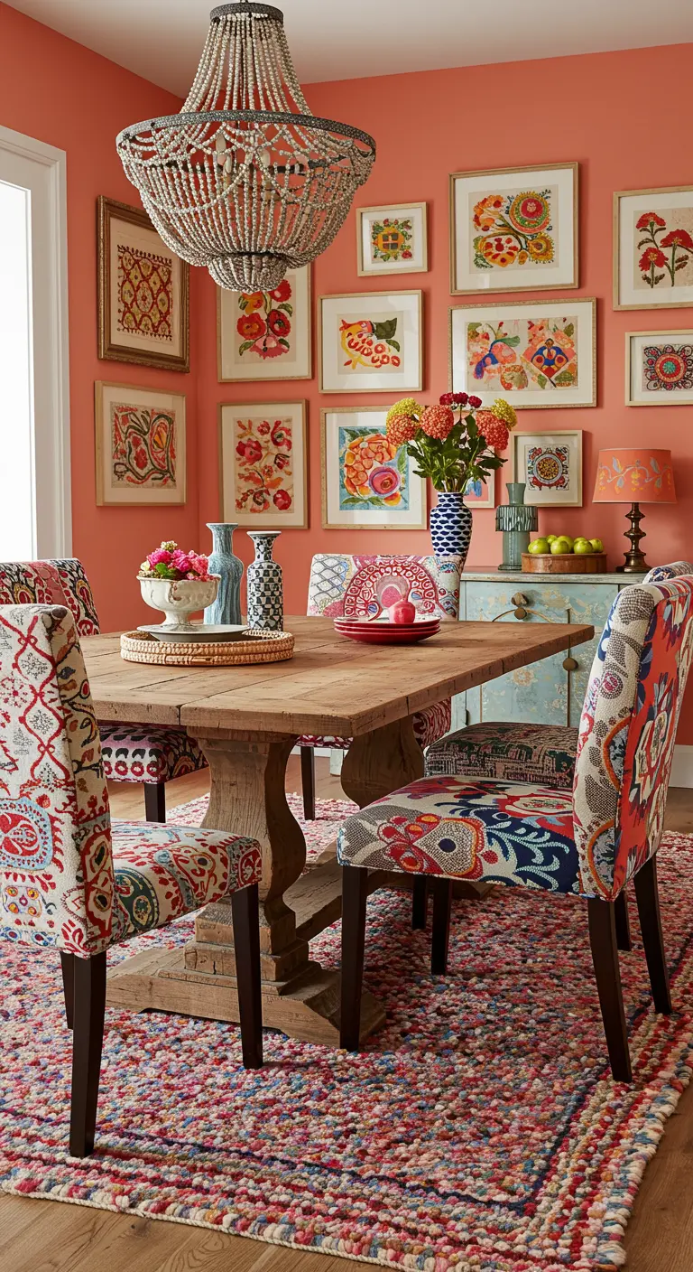 Eclectische eetkamer met koraalrode muur, stoelen met patronen, gallery wall en bont vloerkleed.