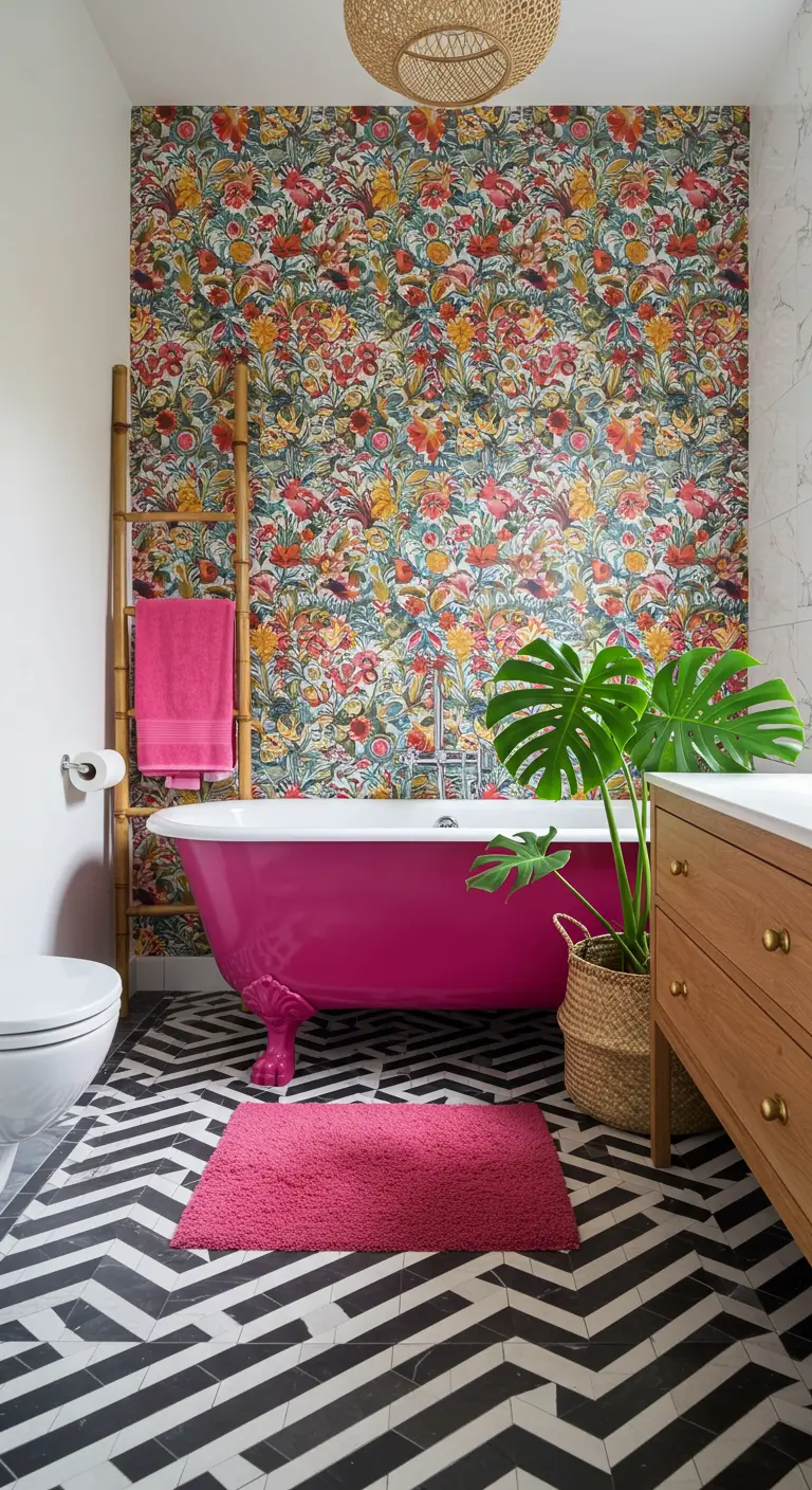 Badkamer met roze bad, bloemenbehang en zwart-wit zigzagvloer.