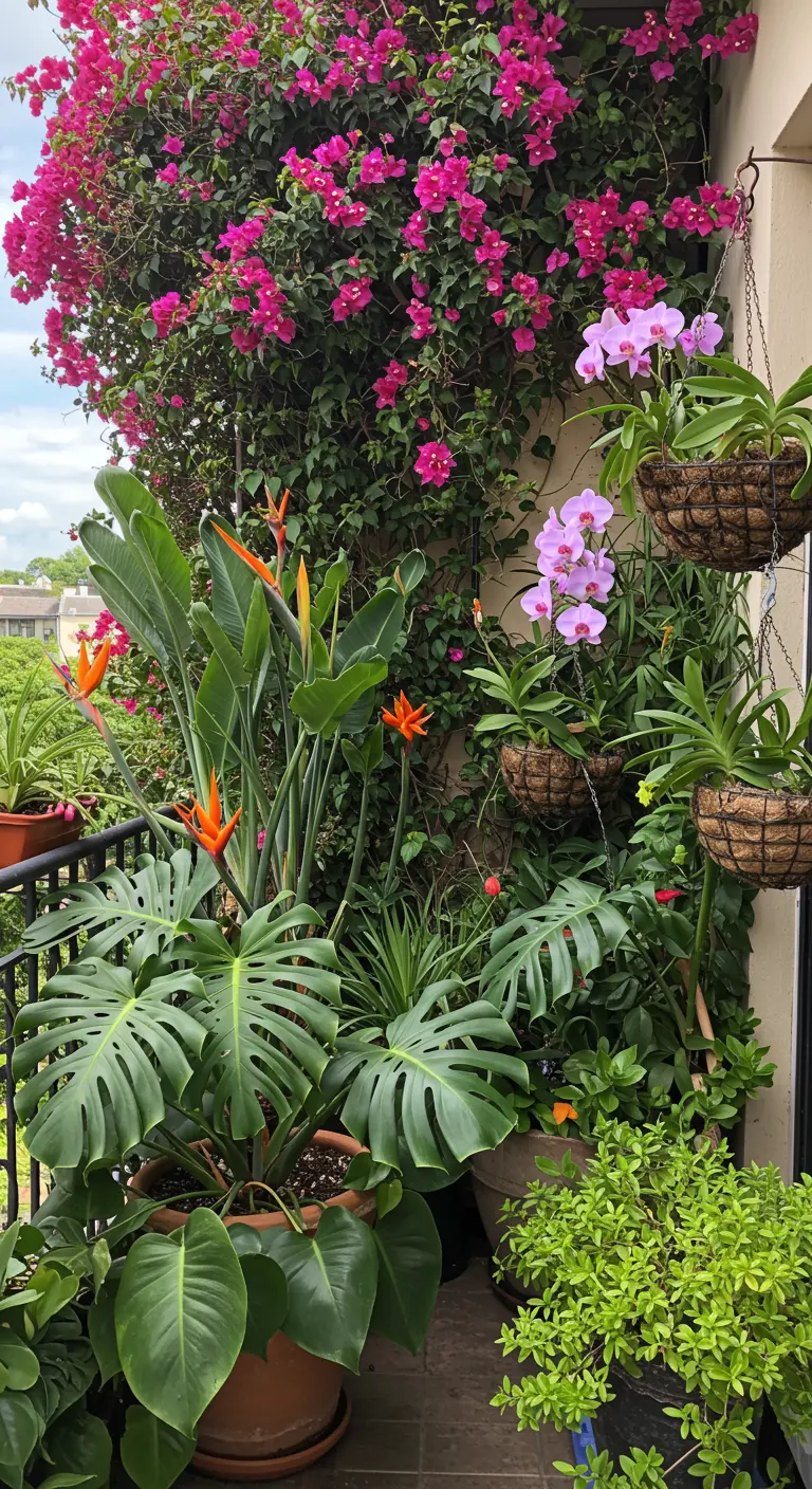 Kleurrijk balkon met roze Bougainvillea, oranje Strelitzia's, orchideeën en een grote Monstera.