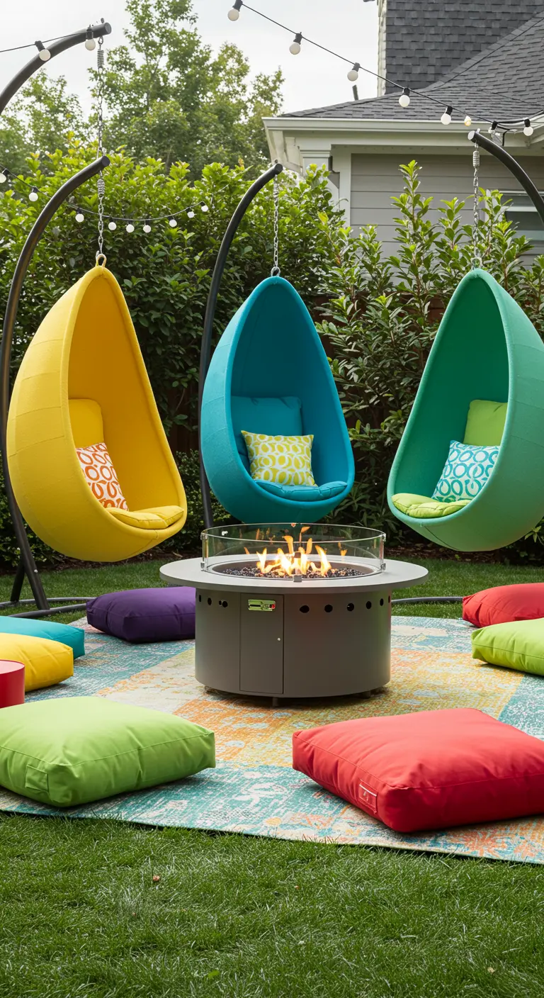 Drie felgekleurde hangstoelen (geel, turquoise, groen) rond een gashaard in de tuin.
