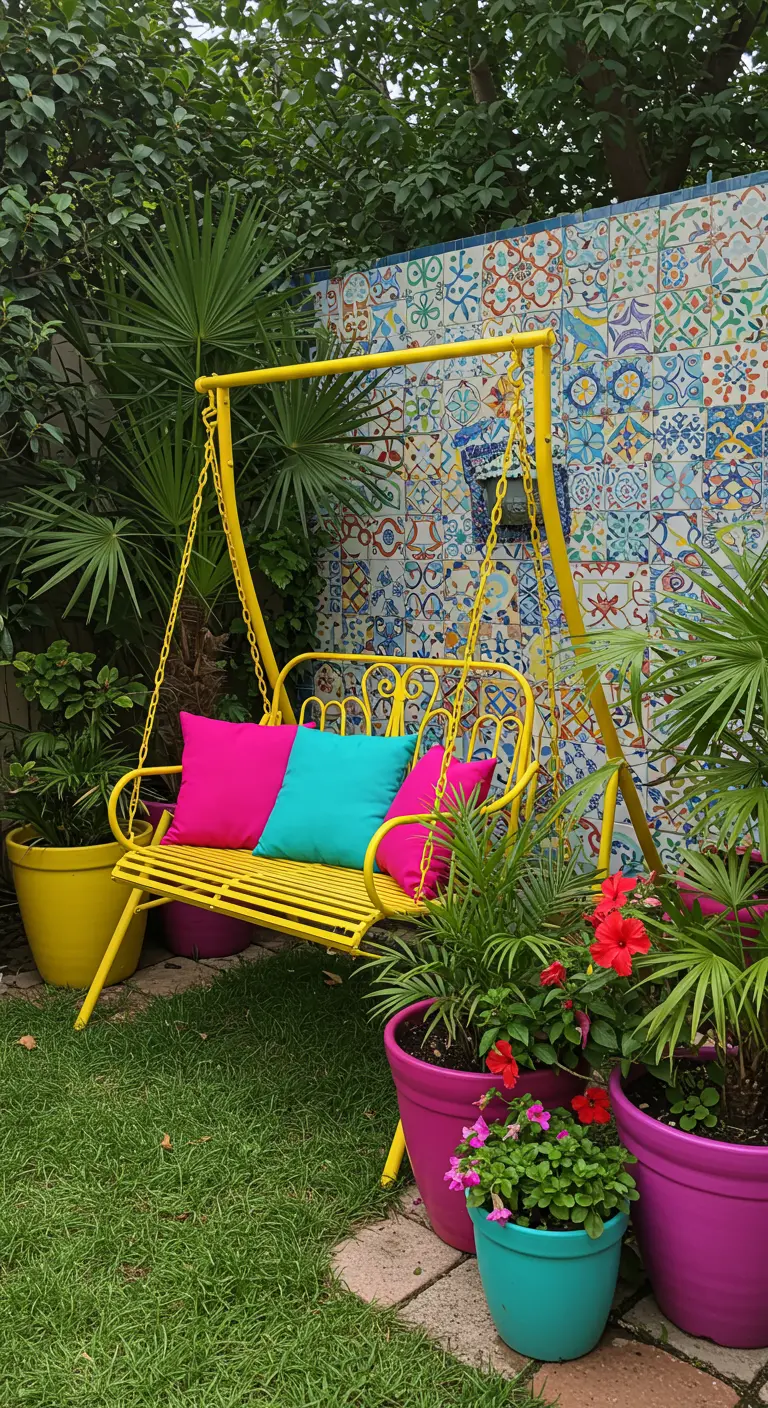 Gele metalen schommelbank met roze en blauwe kussens voor een muur met mozaïektegels.