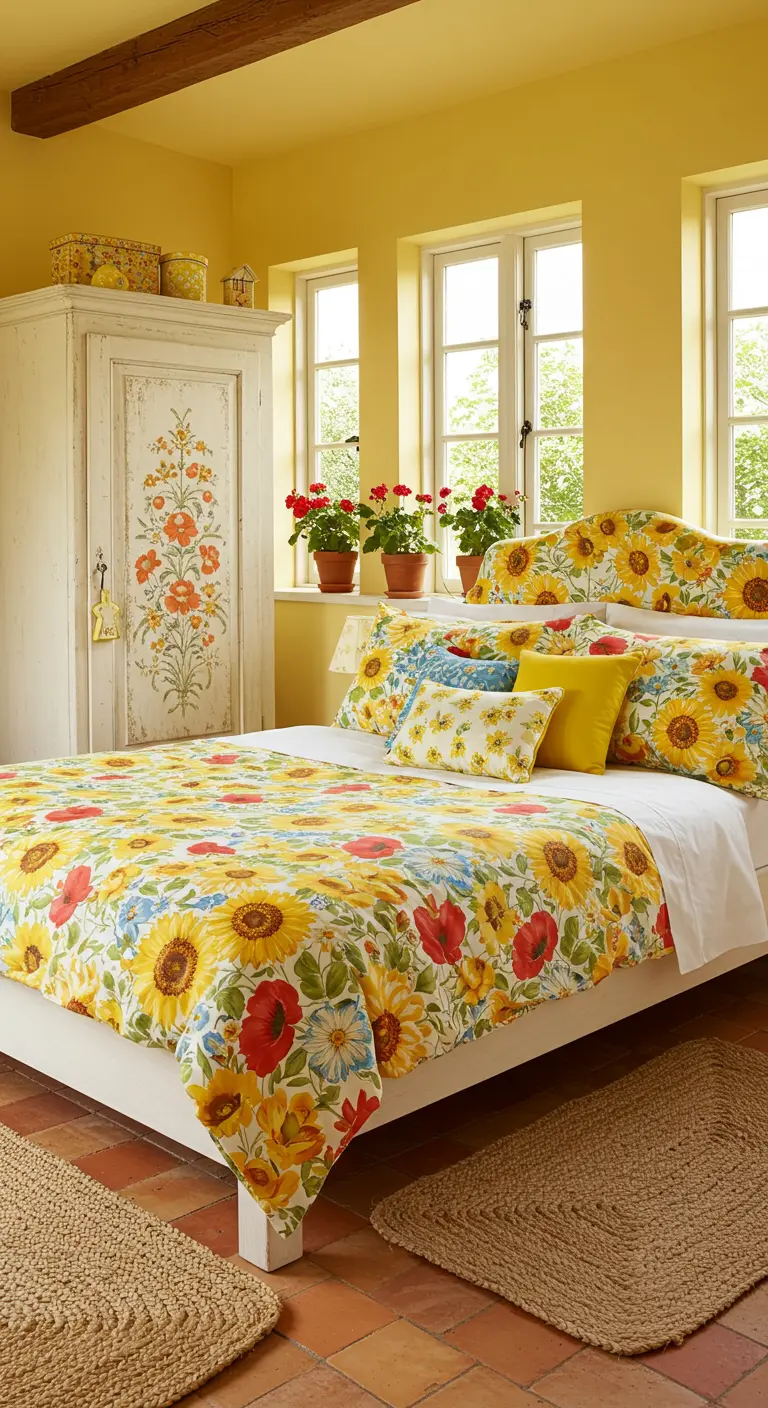 Slaapkamer met gele muren, kleurrijk zonnebloem beddengoed en handgeschilderde kledingkast.