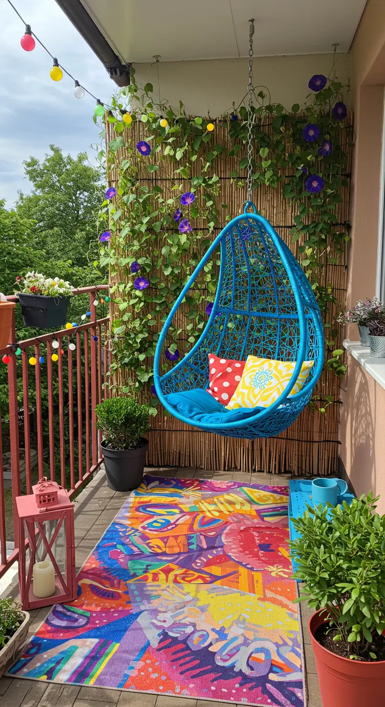 Kleurrijk balkon met een blauwe hangstoel, bont kleed en bloeiende klimplanten.