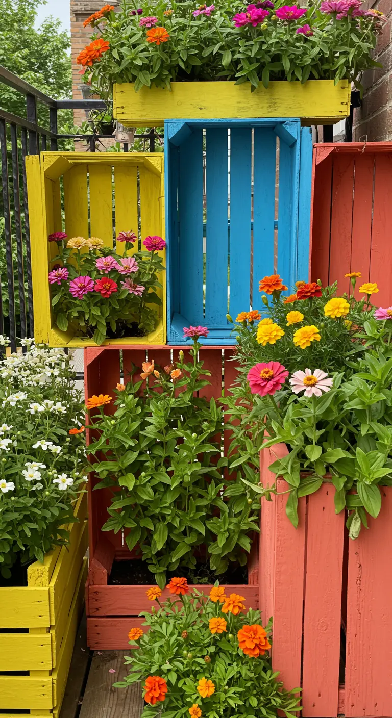 Felgekleurde houten kratten (geel, blauw, oranje) gestapeld als plantenbakken.