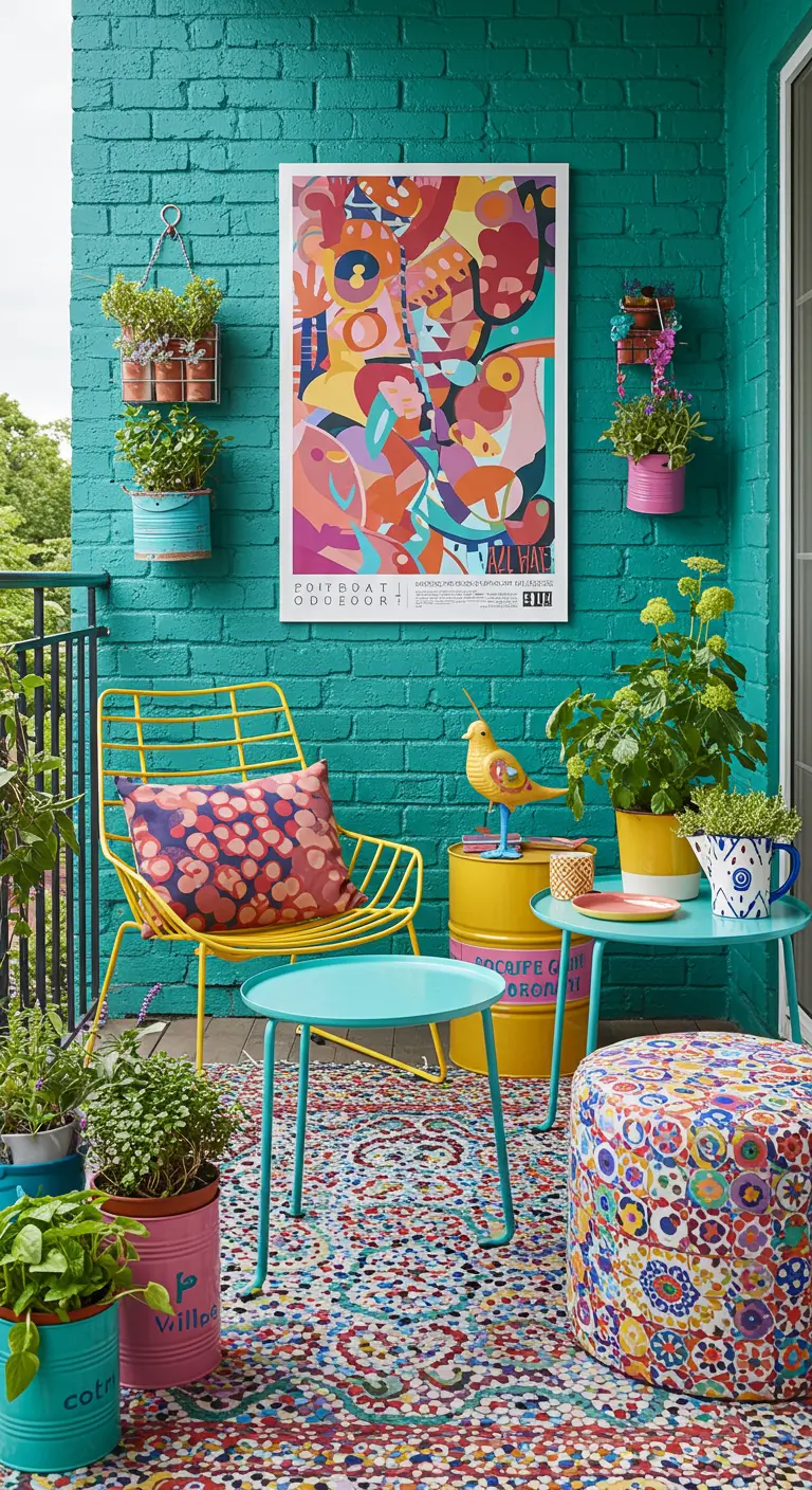 Kleurrijk balkon met turquoise muur, gele stoel en een abstracte, vrolijke poster.