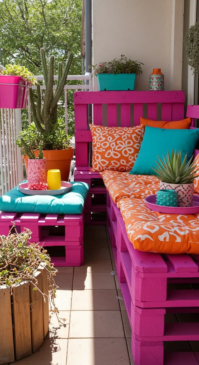 Balkon met een fuchsia-roze palletbank en felgekleurde kussens en plantenpotten.