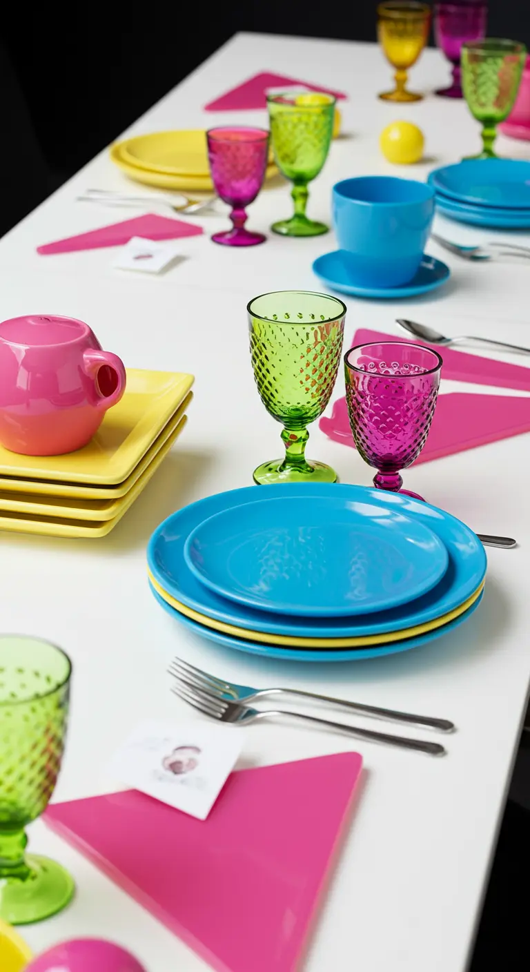 Tafel met felgekleurd servies in roze, geel, blauw en groen.
