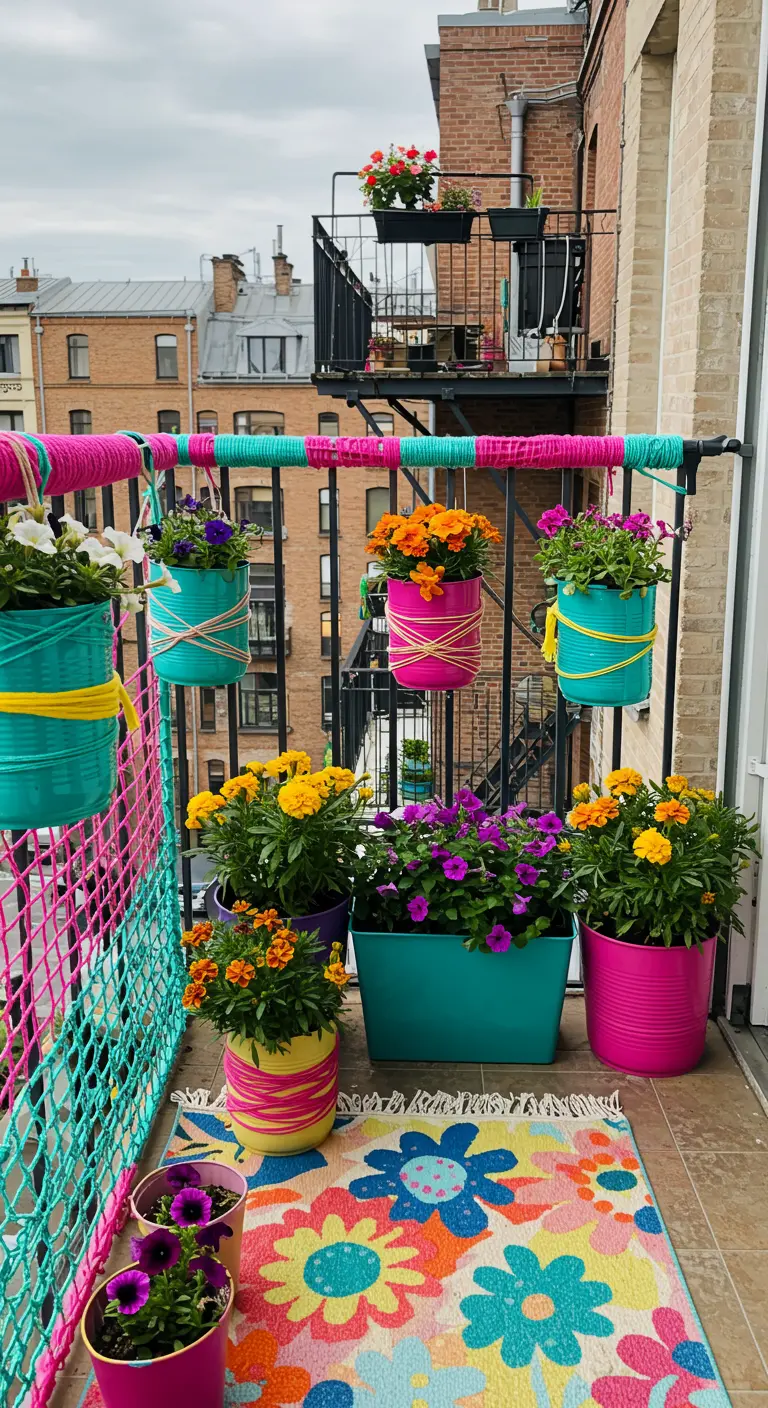 Balkonhek versierd met felgekleurd roze en turquoise garen en bloemen.