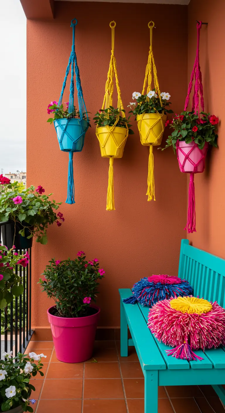 Balkon met felgekleurde macramé plantenhangers in blauw, geel en roze.