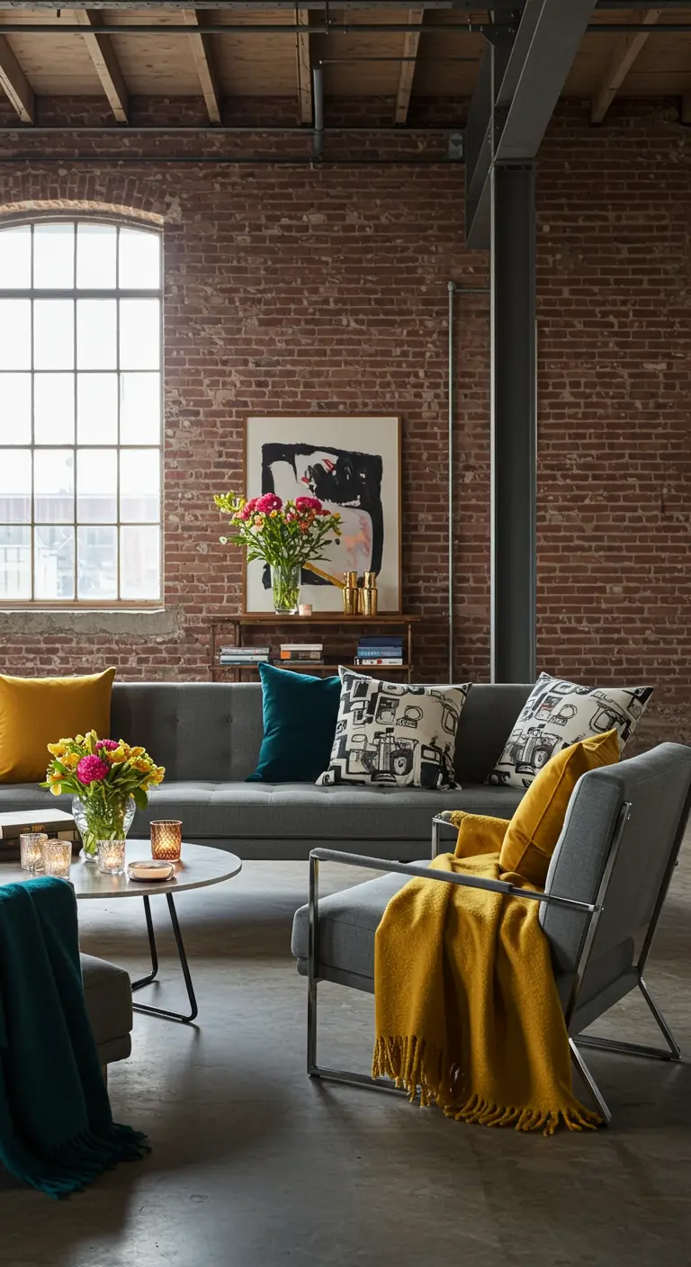 Loft met bakstenen muur, grijze bank en gele en blauwe kussens.