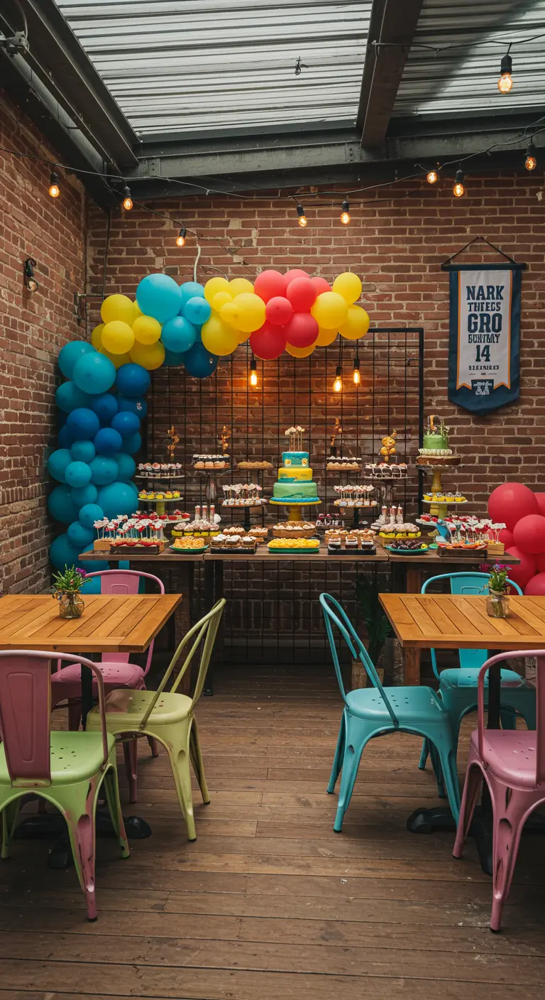Kleurrijke verjaardagsfeest-setting met een ballonnenboog en felgekleurde stoelen.