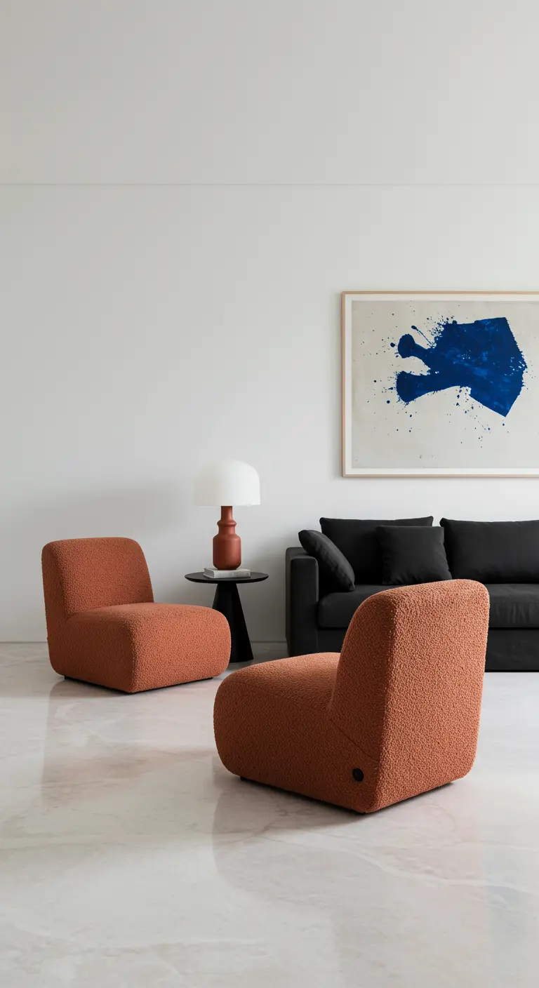 Witte kamer met een zwarte bank en twee opvallende terracotta bouclé fauteuils.