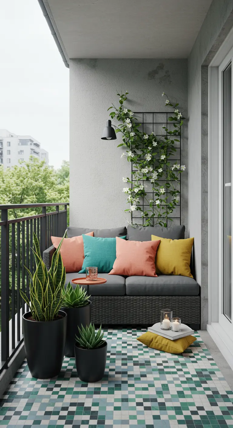 Modern balkon met grijze bank, kleurrijke kussens en een groene mozaïekvloer.