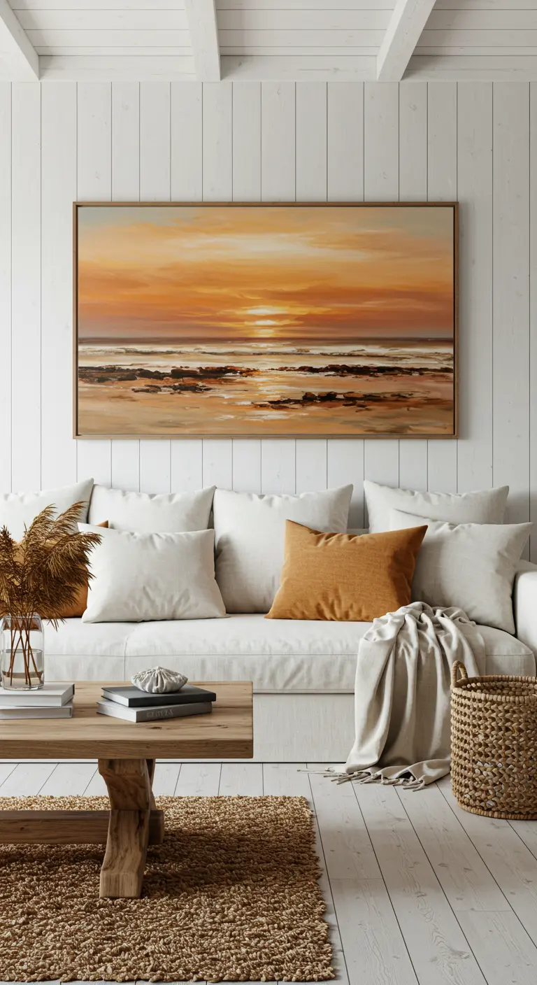Witte woonkamer met een groot schilderij van een zonsondergang in oker en oranje tinten.