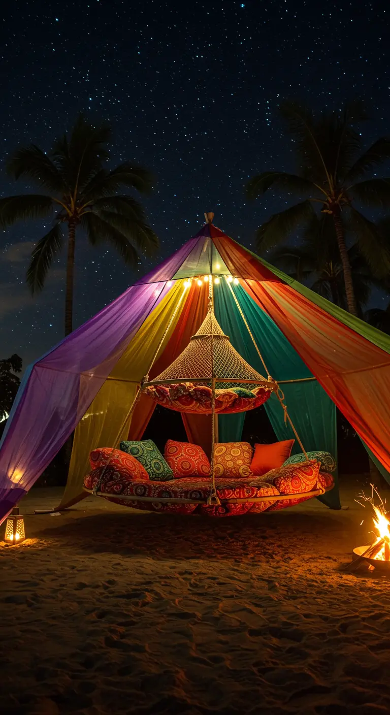 Kleurrijke zwevende tent met netbed en kussens, lantaarns en vuurkorf op een strand bij nacht.