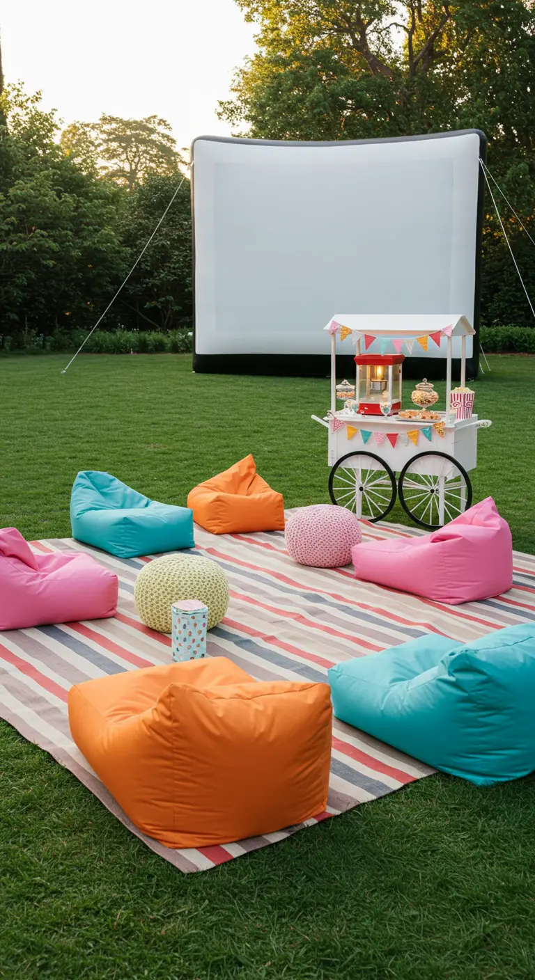 Vrolijke buitenbioscoop met kleurrijke zitzakken, een gestreept kleed en een popcornkar.