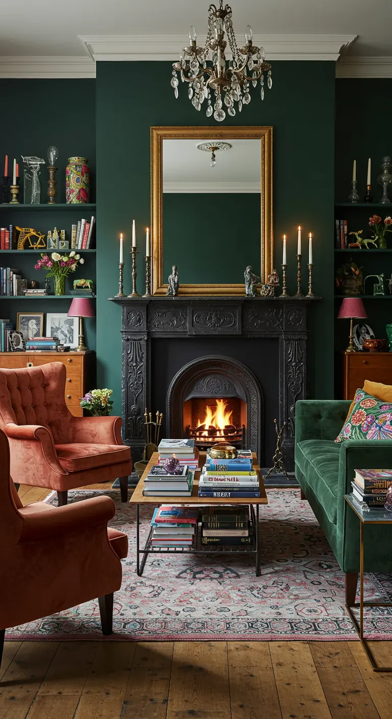 Eclectische woonkamer met donkergroene muur, oranje fauteuils, zwarte haard en veel kaarsen.