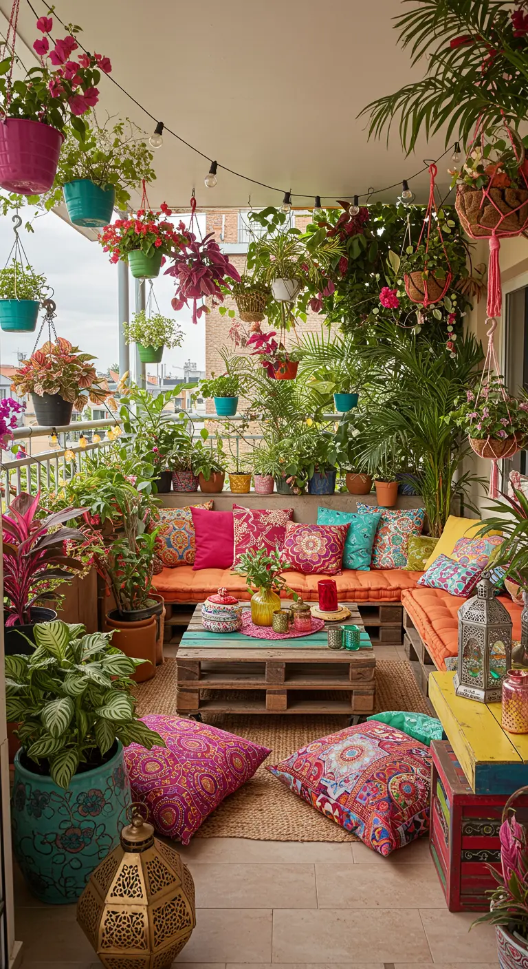 Balkon in bohemien stijl met palletbanken, kleurrijke kussens, hangplanten en lichtslingers.