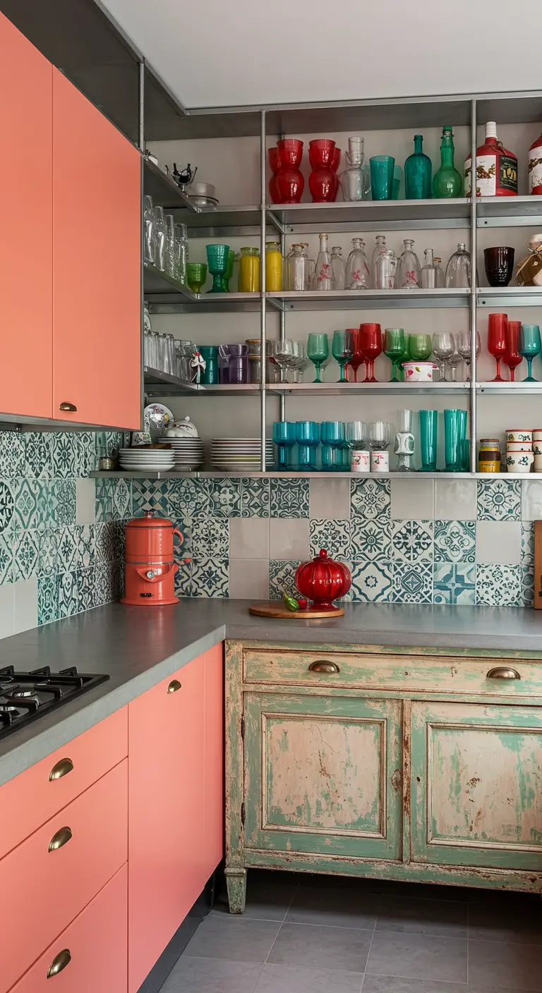 Matte koraalkleurige kasten met vintage meubel, kleurrijk glaswerk en patroon tegels.