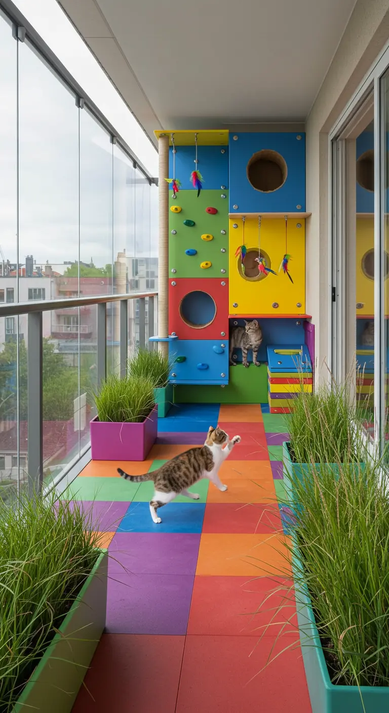Twee katten spelen op een balkon met kleurrijke vloer en een speelwand.