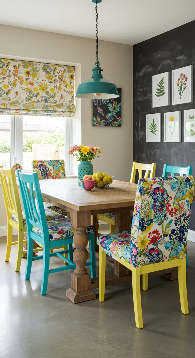 Eetkamer met houten tafel, gele en blauwe stoelen met kleurrijke bloemenprints, en een krijtbordmuur.