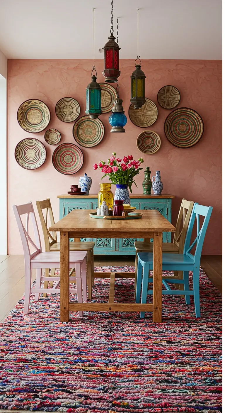 Eclectische eetkamer met een zeer kleurrijk gestreept tapijt en verschillend gekleurde stoelen.