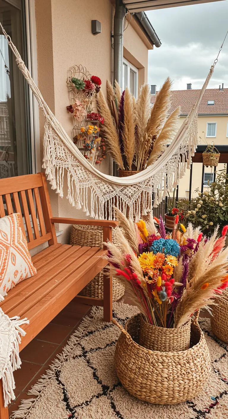 Kleurrijk boho balkon met hangmat, houten bank en manden vol droogbloemen.