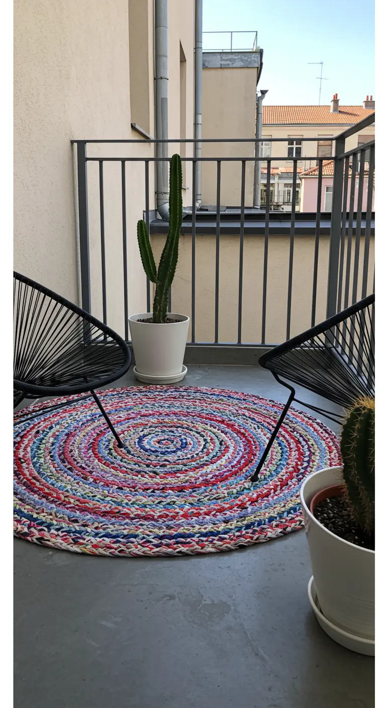 Rond, gehaakt vloerkleed van kleurrijke stofresten op een grijs balkon met zwarte stoelen.