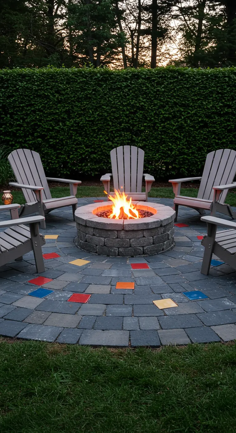 Cirkelvormig terras rond een vuurplaats, met willekeurig geplaatste felgekleurde tegels.