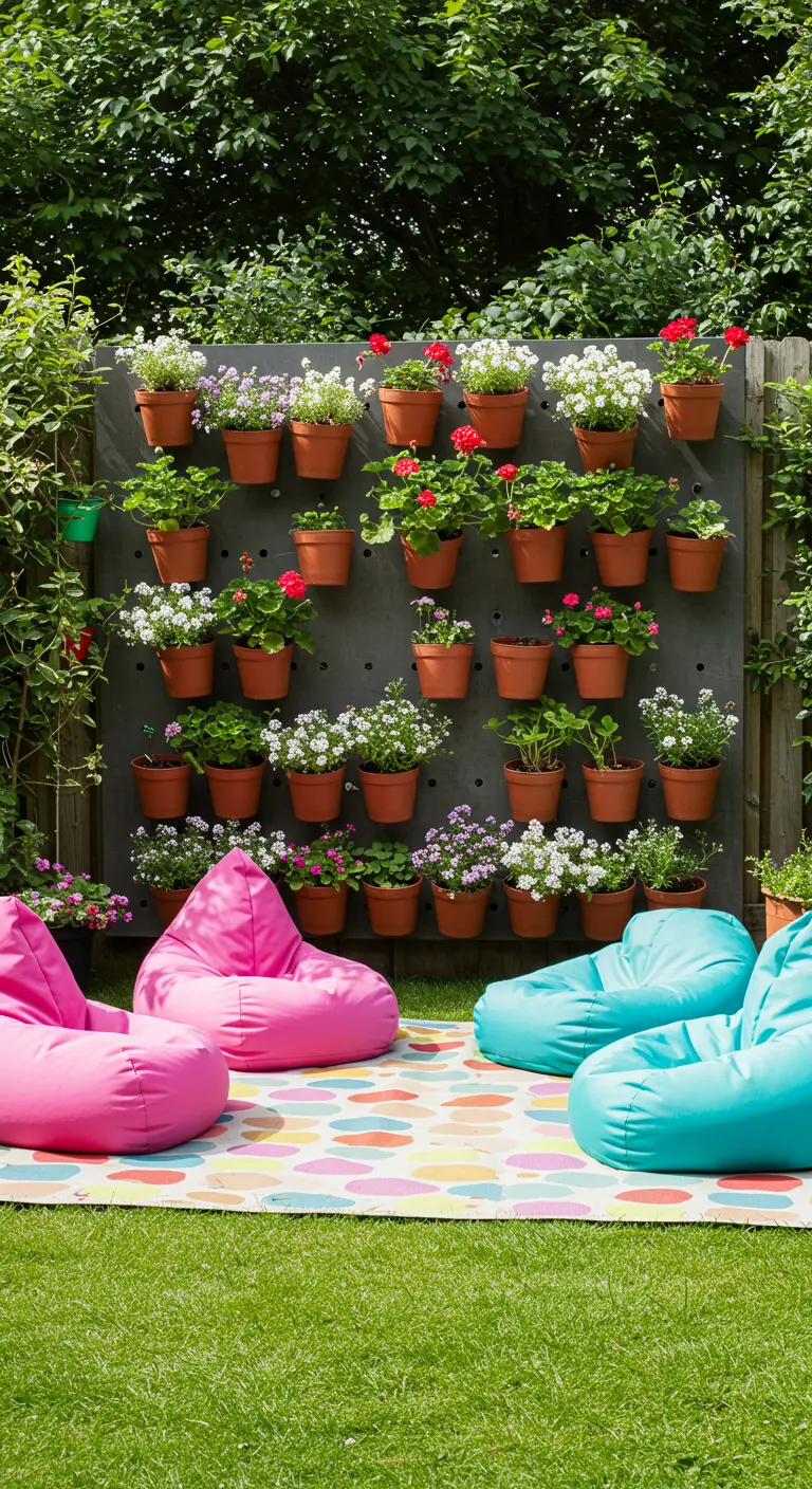 Grijze schutting vol met terracotta potten met geraniums en kleurrijke zitzakken.
