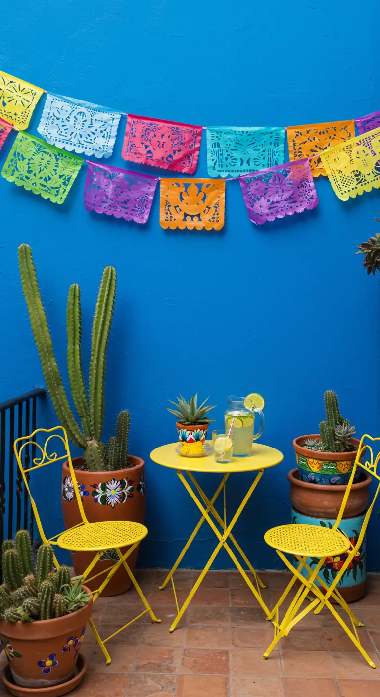 Kleurrijk balkon met een blauwe muur, gele bistroset, cactussen en Mexicaanse papierslingers.