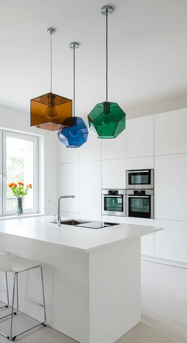 Witte keuken met drie geometrische hanglampen in gekleurd glas (amber, blauw, groen).