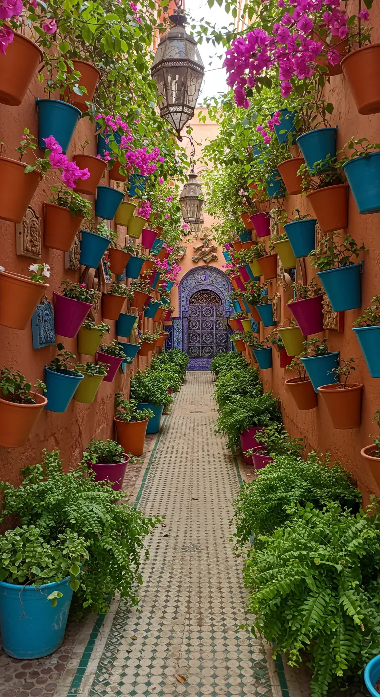 Smal pad in een riad met muren vol kleurrijke bloempotten en weelderige planten.
