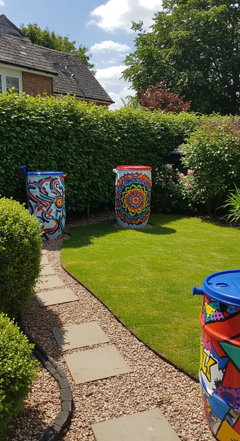 Drie kleurrijk beschilderde regentonnen met abstracte patronen in een grote groene tuin.