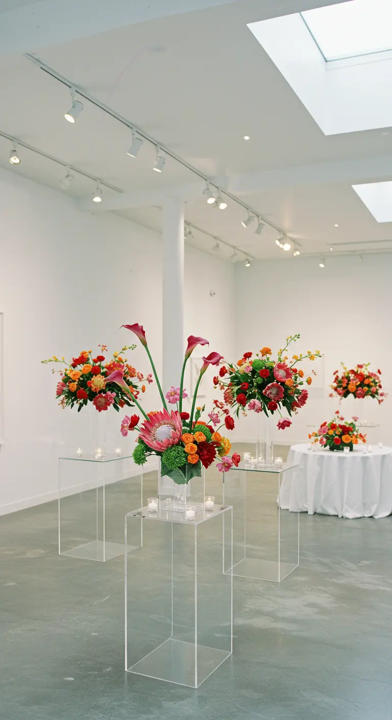 Levendige bloemstukken met calla's en strelitzia's op transparante pylonen.