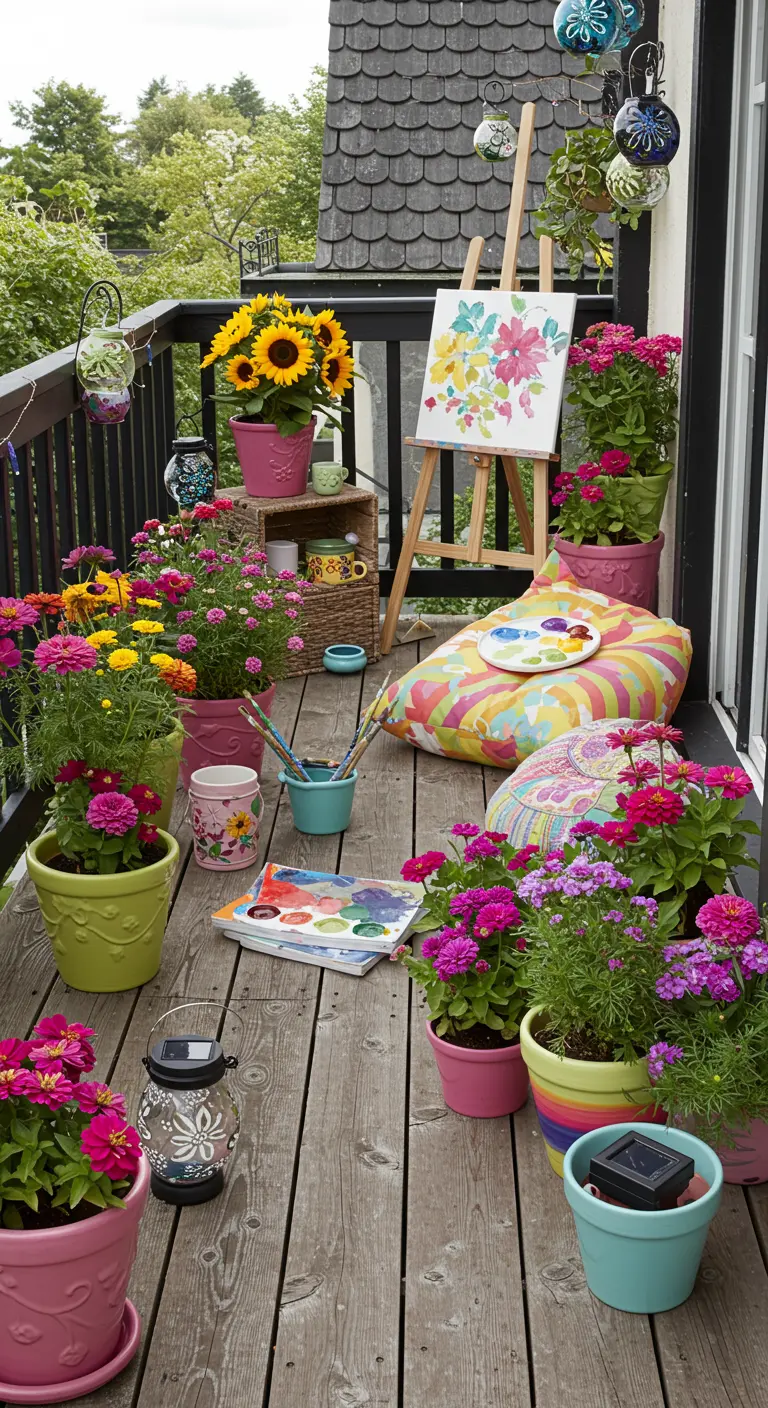 Houten balkon met schilderezel, schilderspullen, zitzak en kleurrijke bloempotten.