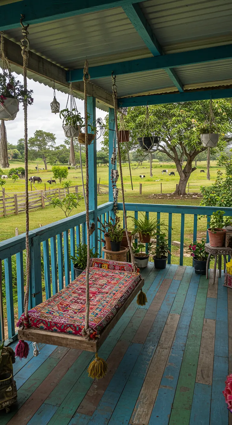 Veranda met kleurrijke schommelbed, blauwe balustrade, potplanten, koeien in veld.