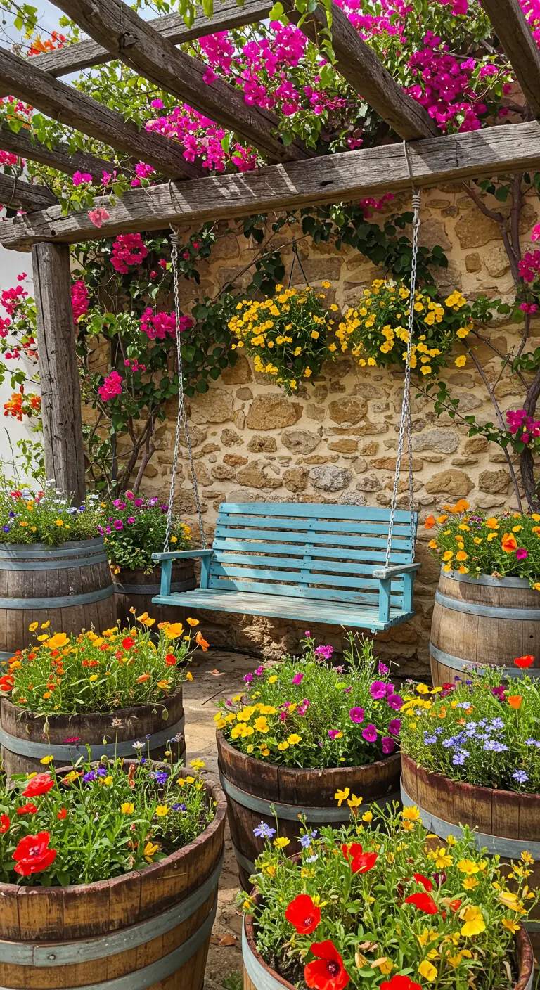 Blauwe houten schommelbank onder bloeiende pergola met wijnvaten vol kleurrijke bloemen.