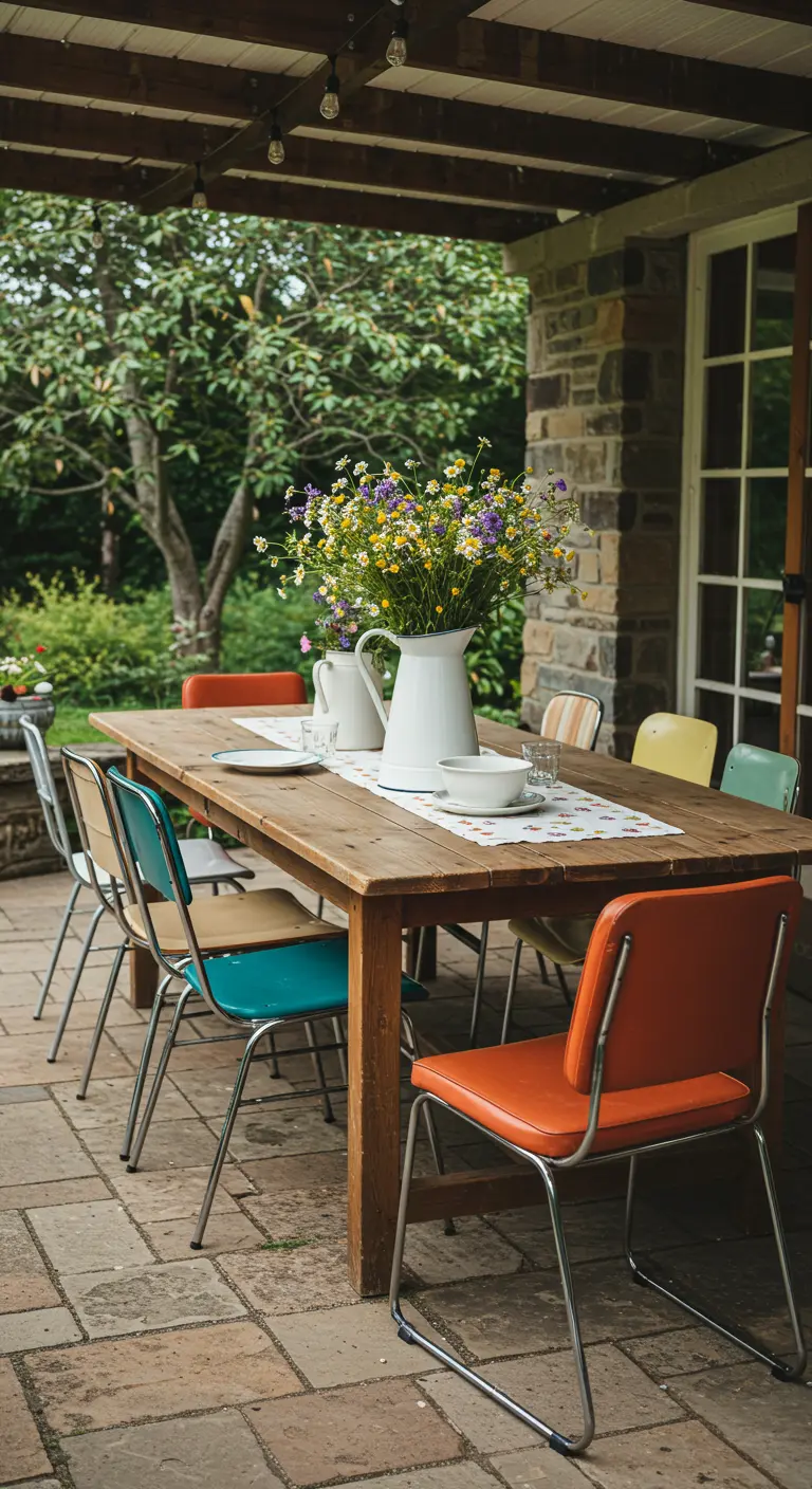 Houten tuintafel met een mix van retro schoolstoelen in oranje, geel en blauw.