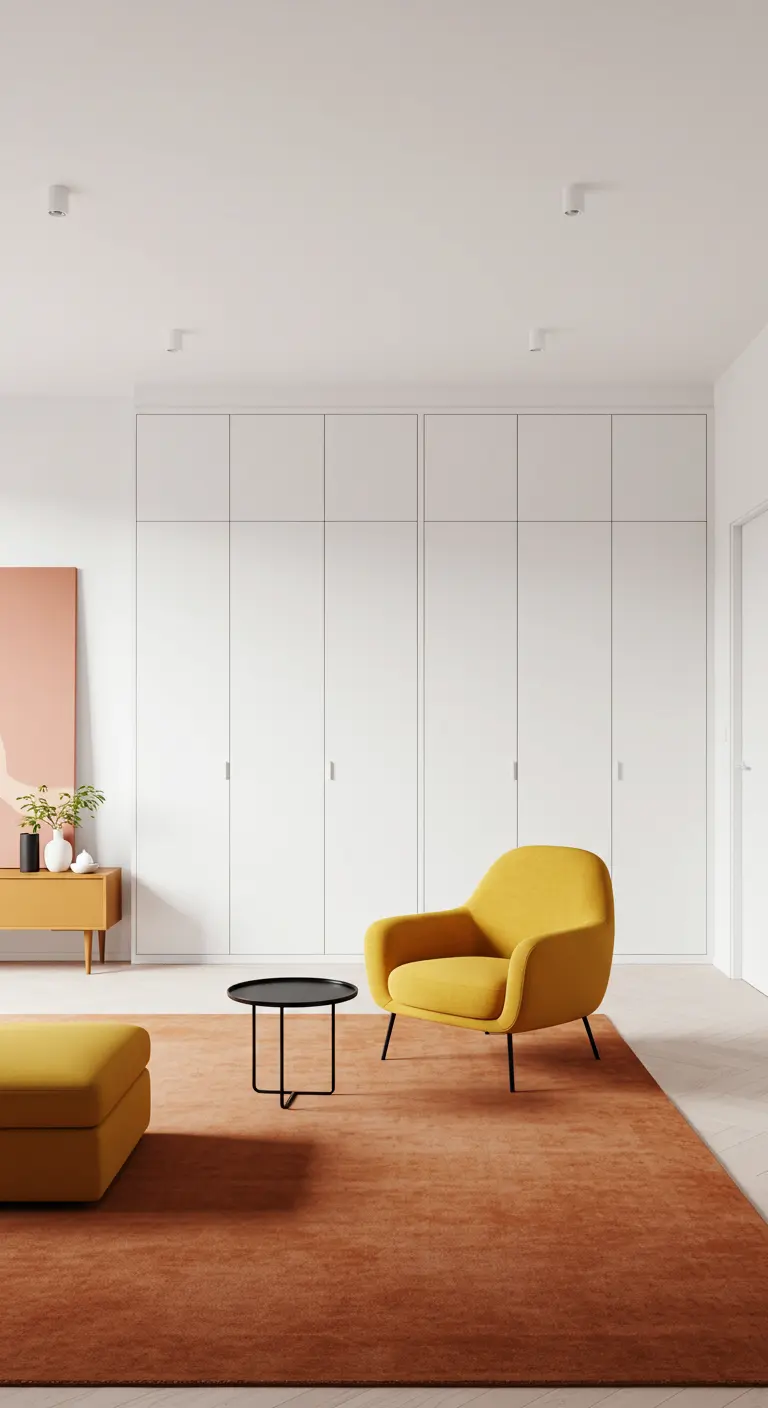 Minimalistische ruimte met witte kasten, een groot terracotta vloerkleed en een okergele fauteuil.