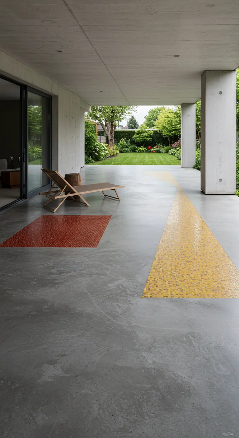 Strak betonnen terras met daarin een rood en een geel vierkant vlak van mozaïektegels.