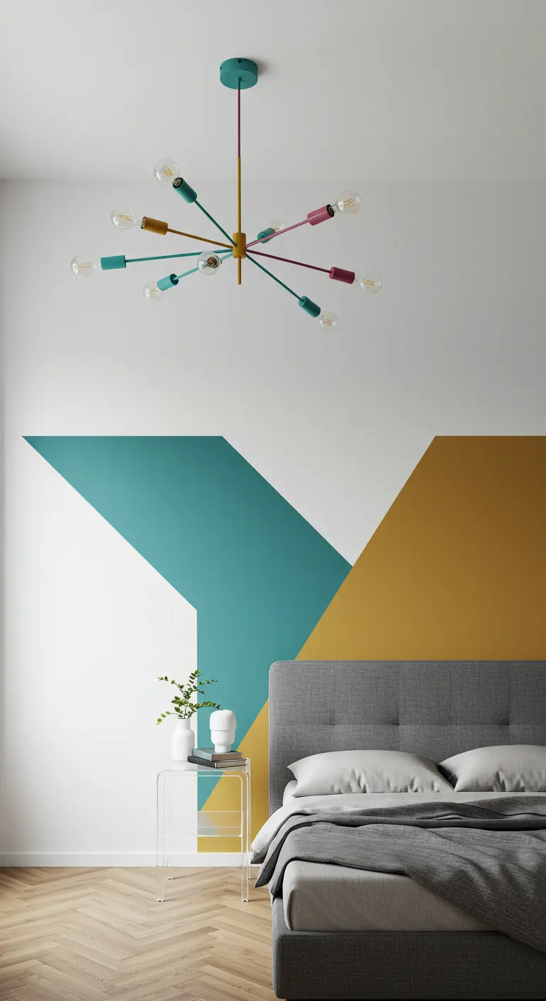 Slaapkamer met geometrische kleurvlakken in geel en turquoise en een kleurrijke sputnik-plafondlamp.