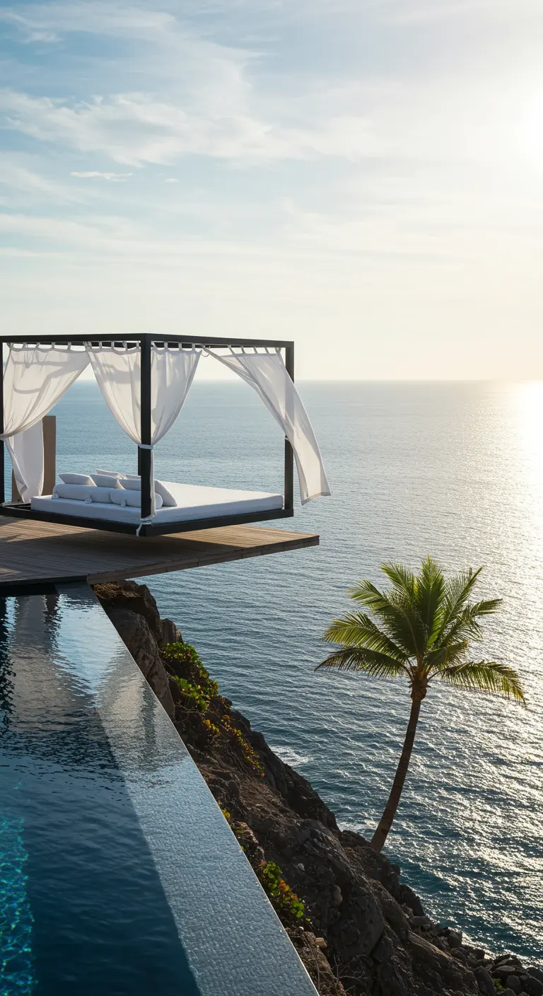 Modern zwevend bed met witte gordijnen aan de rand van een klif met uitzicht op de oceaan en een infinity pool.