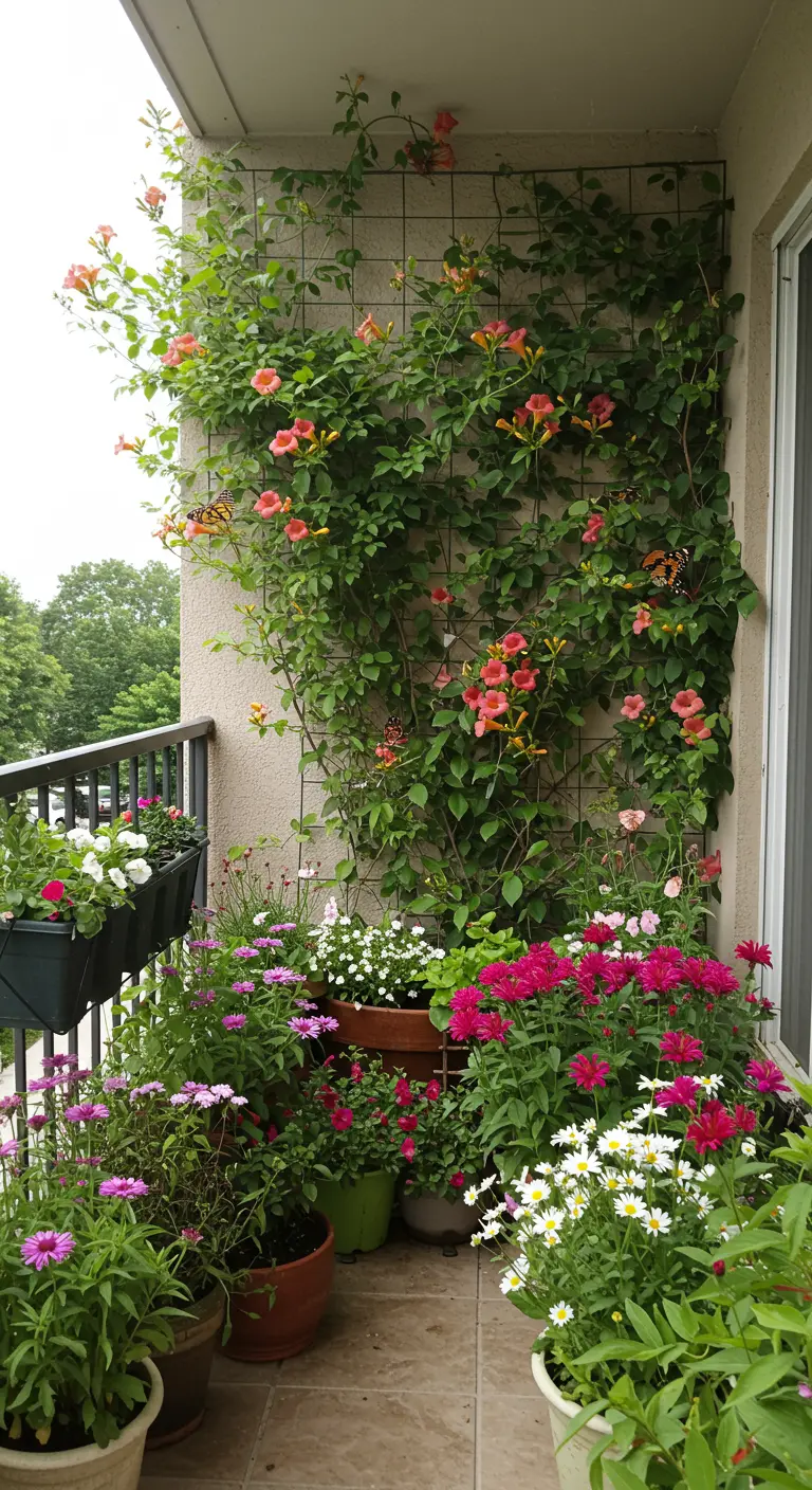 Balkon met een begroeid trellis met oranje trompetbloemen en diverse potten met kleurrijke bloemen.