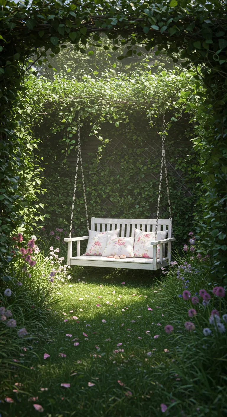 Witte schommelbank omringd door dichte klimop en bloemen in een geheime tuinhoek.